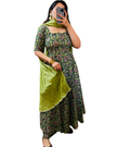Green Kalamakari Kantha Printed Cotton Anarkali Kurti