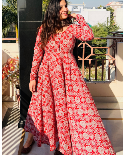 Red Ajrak Printed Cotton Anarkali Kurti