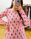 Pastel Pink Leaf Printed Cotton Short Kurti
