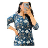 Blue Floral Printed Cotton Short Kurti