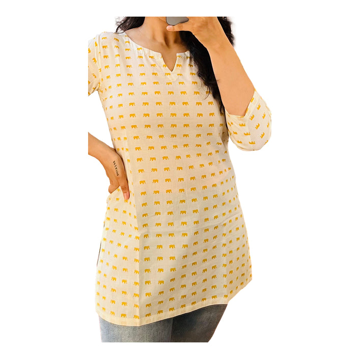 Yellow Printed Cotton Short Kurti
