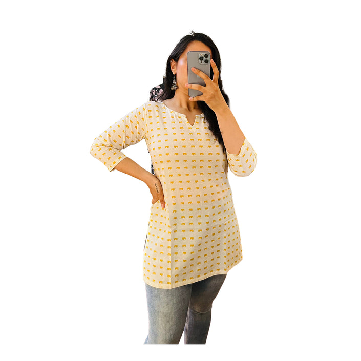 Yellow Printed Cotton Short Kurti