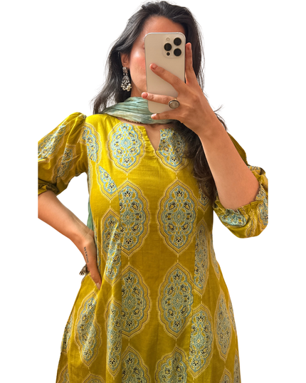 Green Block Printed Cotton A-Line Kurti