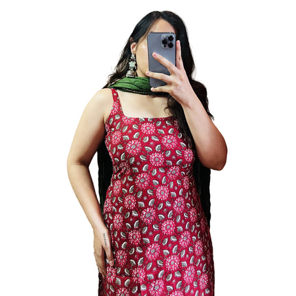Red Floral Printed Cotton Straight Long Kurti