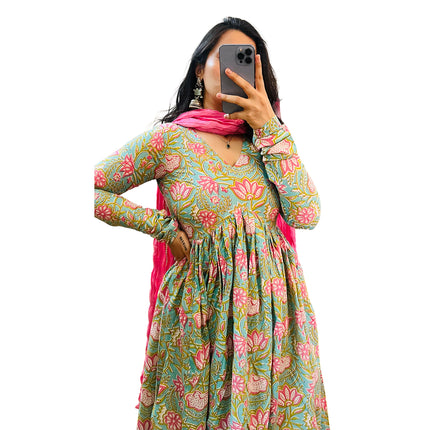 Pastel Mint Green & Pink Floral Cotton Manmohini Alia Cut Kurta