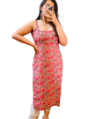 Pink Floral Kantha Printed Cotton Straight Long Kurti