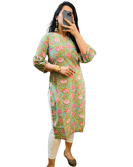Pastel Pink Mint Green Floral Cotton Straight Long Kurti