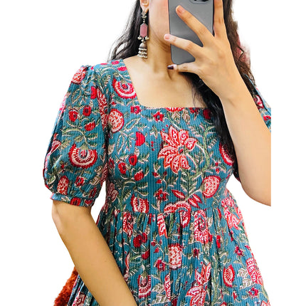 Blue & Red Floral Printed Cotton Peplum Flare Top