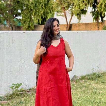 Red Solid Cotton A-Line Kurti