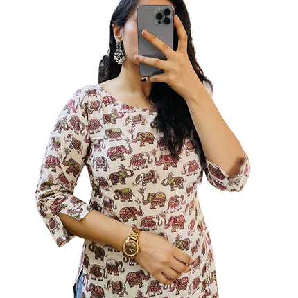 White Hathi Printed Cotton Straight Long Kurti
