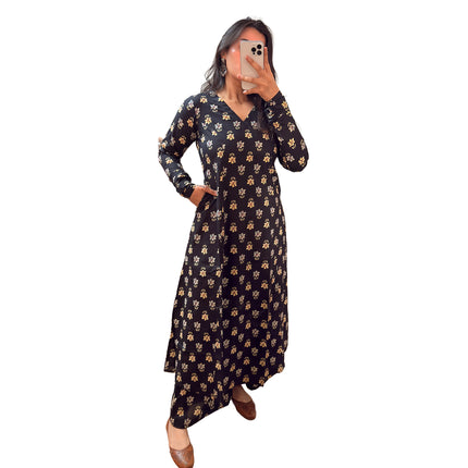 Black Floral Printed Cotton A-Line Kurti