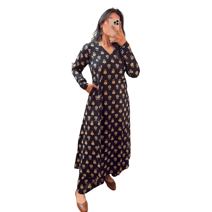 Black Floral Printed Cotton A-Line Kurti