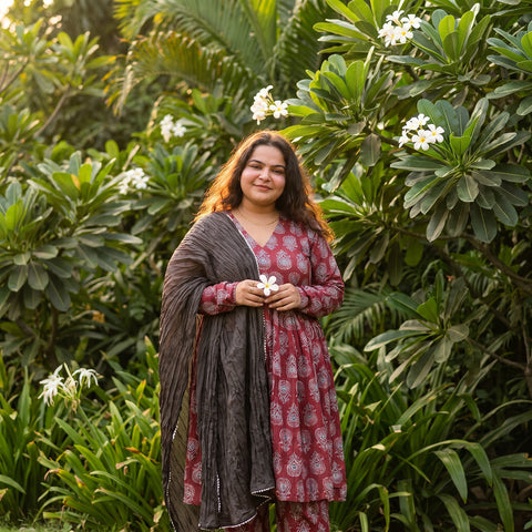 Mauve Grey Paisley Cotton Manmohini Alia Cut Kurta