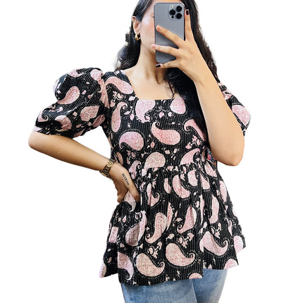 Black Paisley Printed Cotton Peplum Flare Top