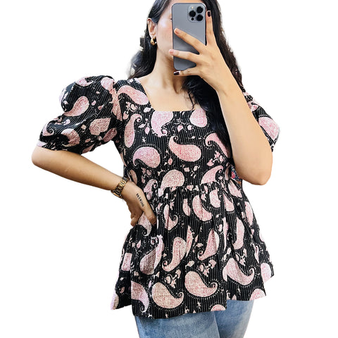 Black Paisley Printed Cotton Peplum Flare Top