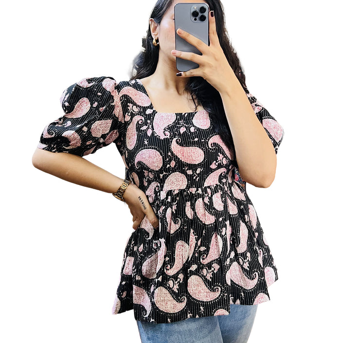 Black Paisley Printed Cotton Peplum Flare Top