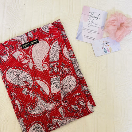 Red Paisley Kantha Printed Cotton Straight Long Kurti