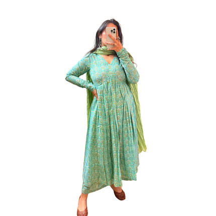 Mint Green Cotton Printed Manmohini Alia Cut Kurta