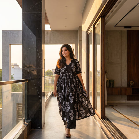 Black & White Floral Printed Cotton Manmohini Alia Cut Kurta