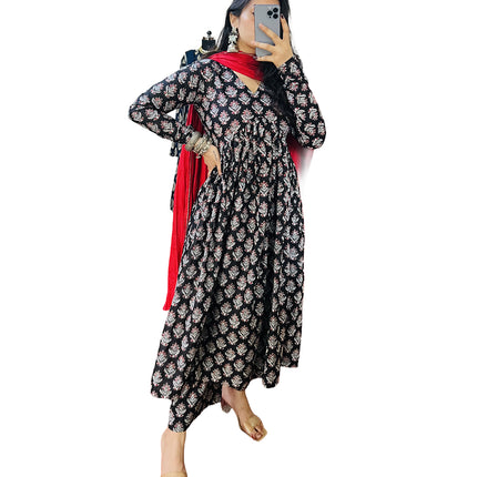 Black Red Printed Cotton Manmohini Alia Cut Kurta