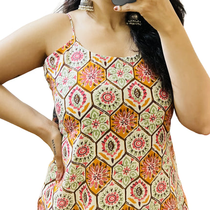 Creme Ajrak Printed Cotton Straight Long Kurti