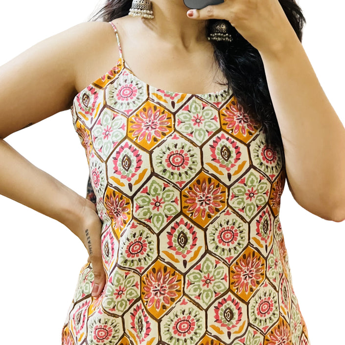 Creme Ajrak Printed Cotton Straight Long Kurti
