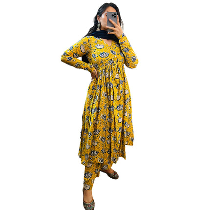 Blue Yellow Floral Printed Cotton Manmohini Alia Cut Kurta