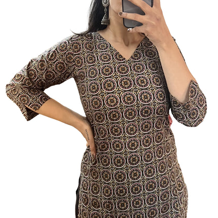 Black Printed Cotton Straight Long Kurti