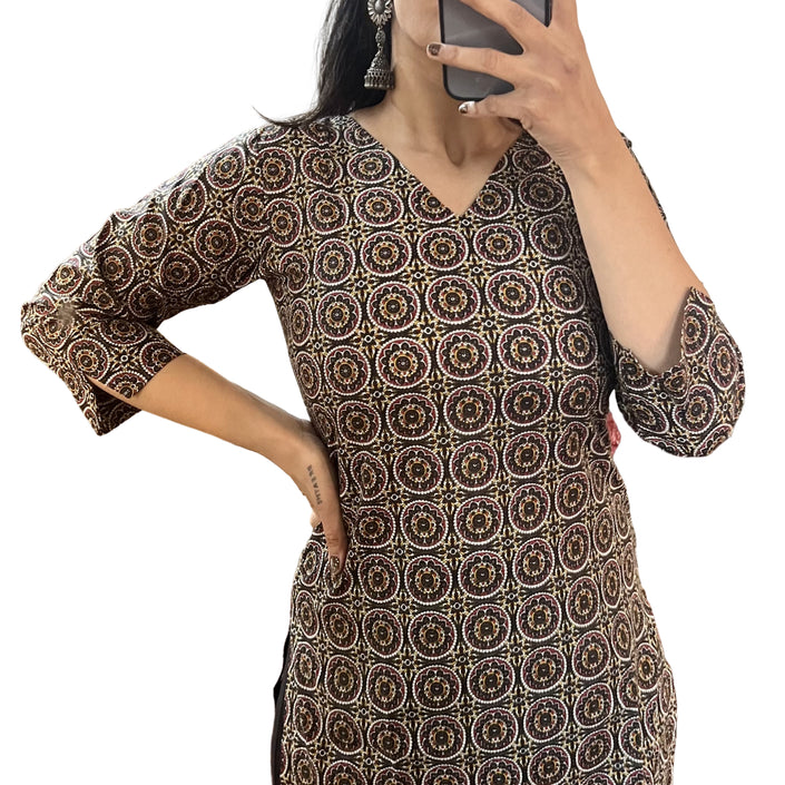 Black Printed Cotton Straight Long Kurti