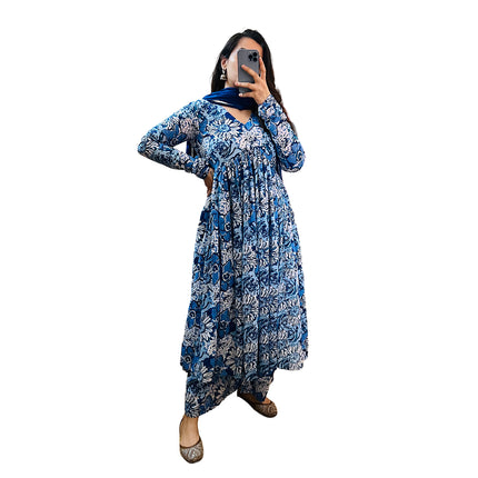 Blue Floral Printed Cotton Manmohini Alia Cut Kurta