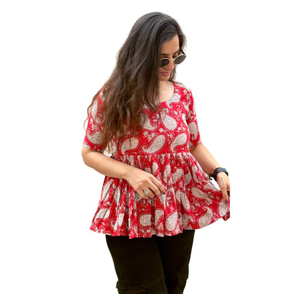 Red Paisley Printed Cotton Peplum Flare Top