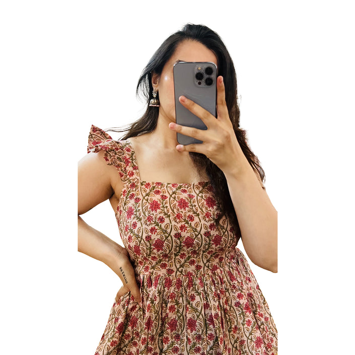 Pink Printed Cotton Peplum Flare Top
