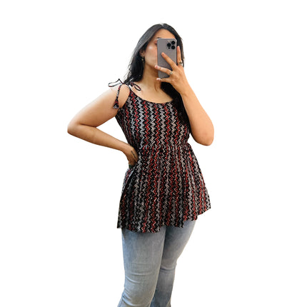 Black Zik Zak Printed Cotton Peplum Flare Top