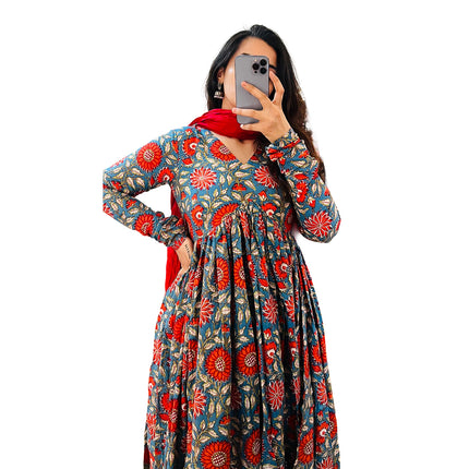 Blue Red Floral Printed Cotton Manmohini Alia Cut Kurta