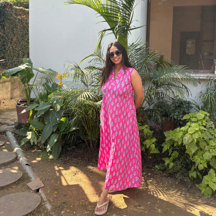 Pink Ikkat Printed Cotton A-Line Kurti