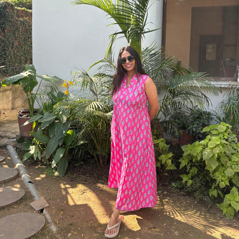 Pink Ikkat Printed Cotton A-Line Kurti