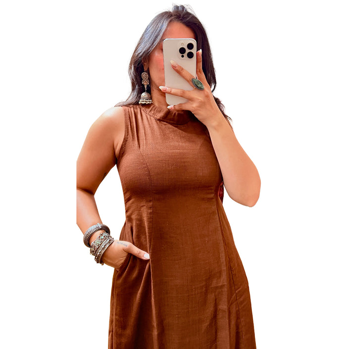 Chocolate Brown Solid Cotton A-Line Kurti