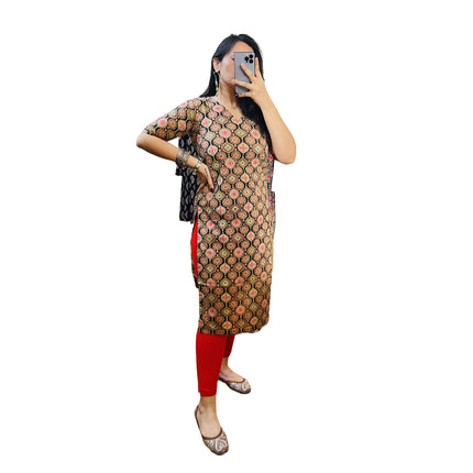 Black Ajrak Printed Cotton Straight Long Kurti