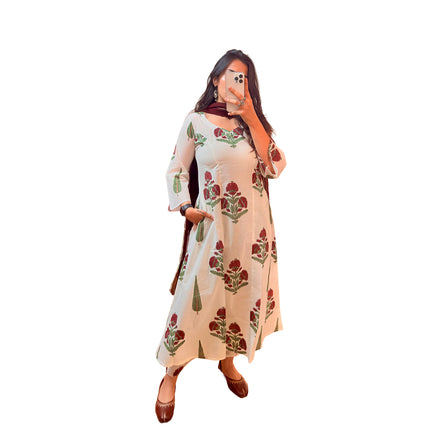 White Floral Printed Cotton A-Line Kurti