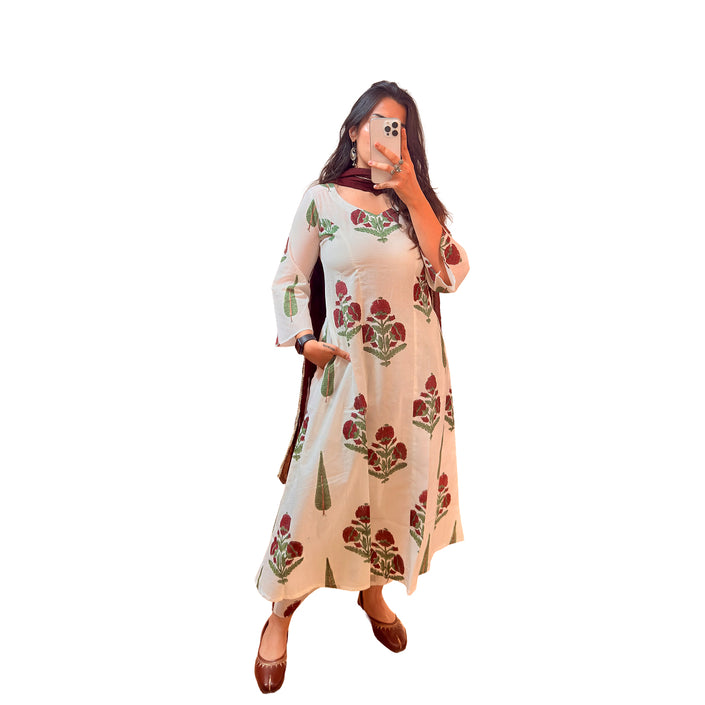 White Floral Printed Cotton A-Line Kurti