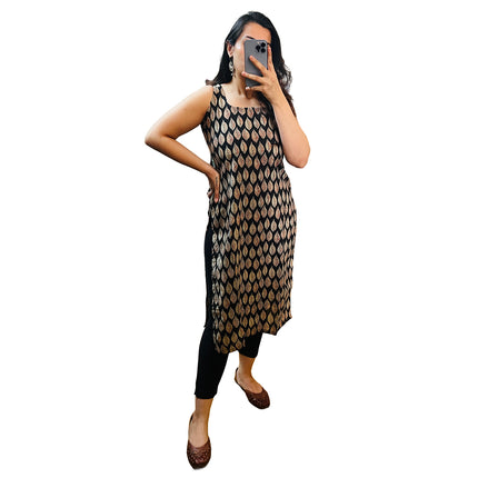Black Leaf Printed Cotton Straight Long Kurti