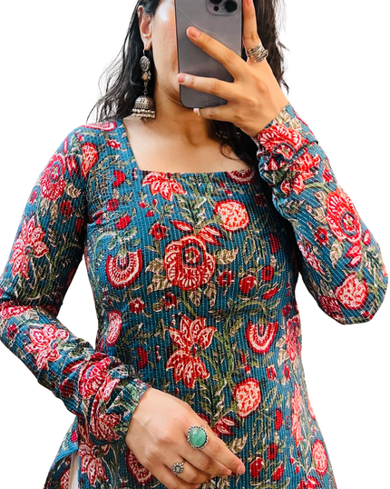 Blue Red Kantha Printed Cotton Straight Long Kurti