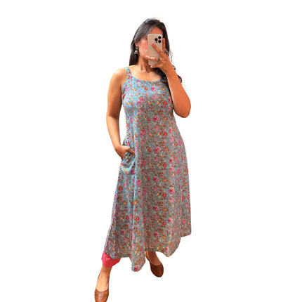 Grey Pink Floral Cotton A-Line Kurti