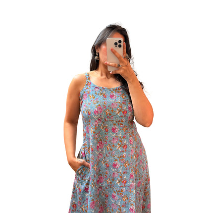 Grey Pink Floral Cotton A-Line Kurti