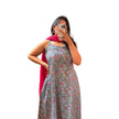 Grey Pink Floral Cotton A-Line Kurti