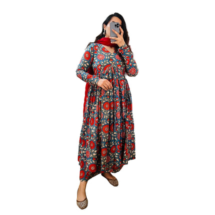 Blue Red Floral Printed Cotton Manmohini Alia Cut Kurta
