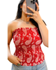 Red Printed Smocked Tube Top
