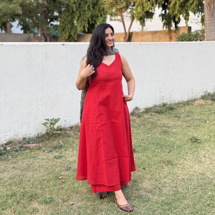 Red Solid Cotton A-Line Kurti