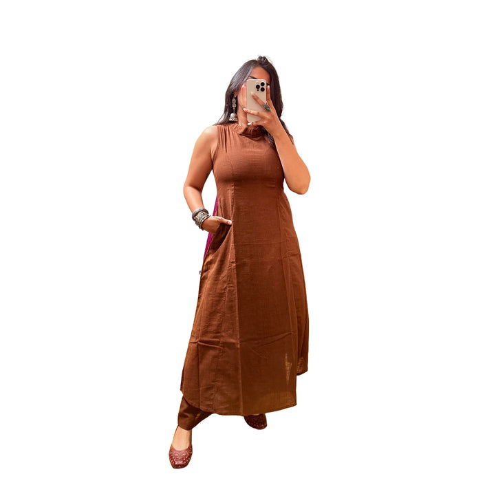 Chocolate Brown Solid Cotton A-Line Kurti