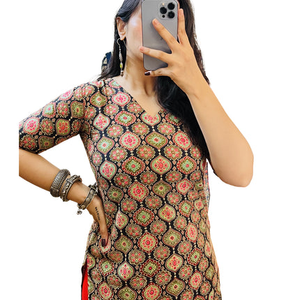 Black Ajrak Printed Cotton Straight Long Kurti